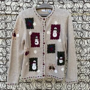 VTG Petite Rustic Cabincore Snowman Patchwork Christmas Cardigan Sweater MEDIUM
